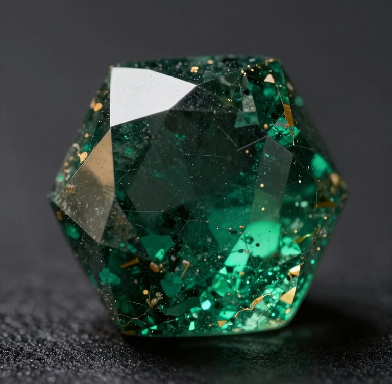 Extreme macro photograph of a raw emerald facet showing natural inclusions and deep green geometric patterns, dramatic chiaroscuro lighting, dark background