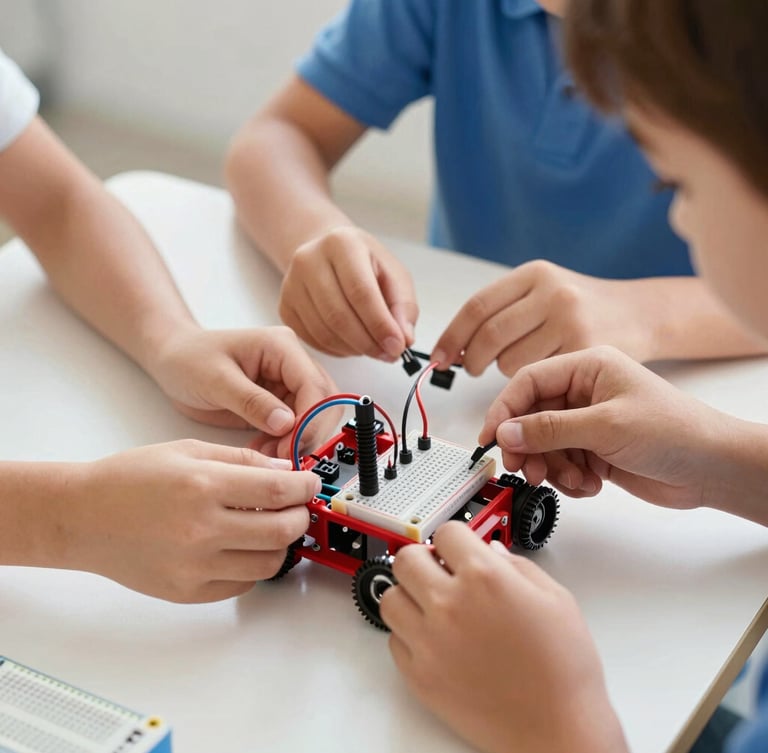 Close-up of diverse K-8 children's hands collaboratively assembling a small red robotic chassis, inserting wires into a breadboard, bright natural daylight.