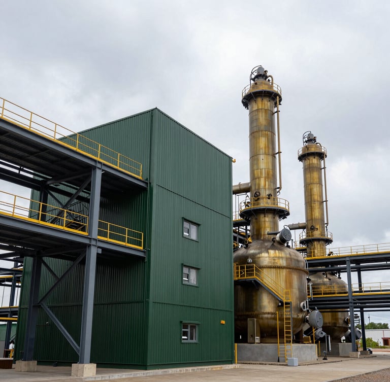 Wide-angle architectural shot of a modern industrial pyrolysis facility in Romania, clean steel lines, low-key overcast European daylight, professional editorial corporate photography.