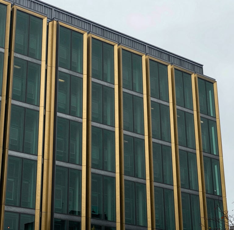 Macro architectural detail of the Rotterdam Beursplein building facade, overcast clean European daylight, professional corporate aesthetic, 35mm lens