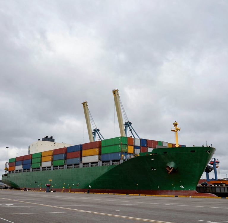 Wide-angle architectural shot of modern Rotterdam port terminals under overcast grey skies, massive green container ships, cargo cranes in the background, low-key lighting, 35mm lens.