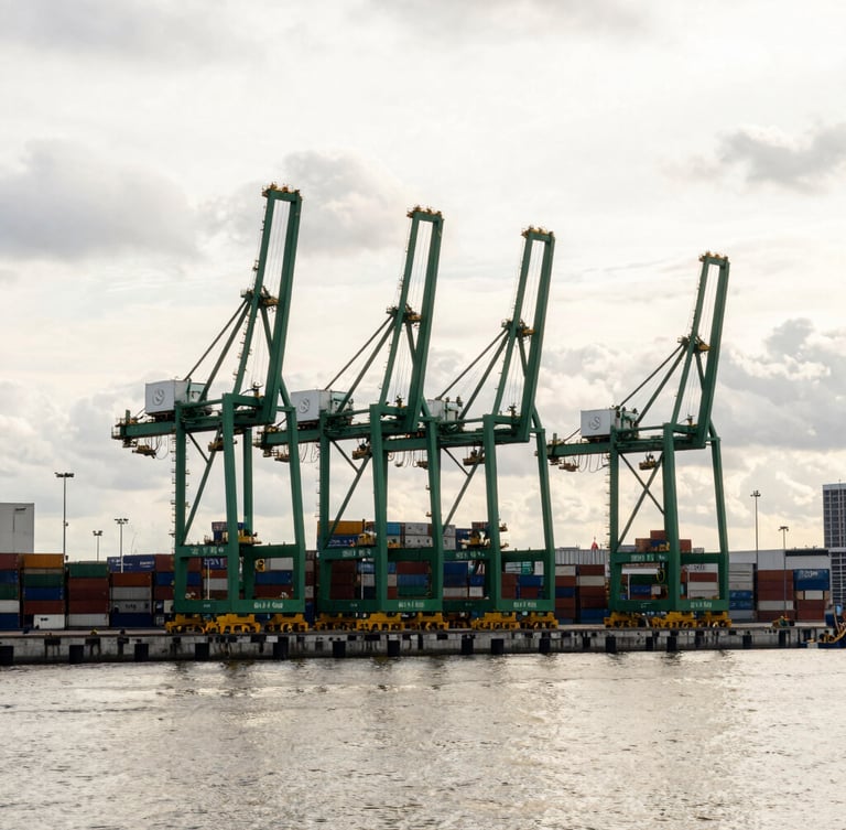 Wide-angle architectural shot of the Rotterdam port under overcast European daylight, massive container cranes in deep green tones, water reflecting soft silver sky.