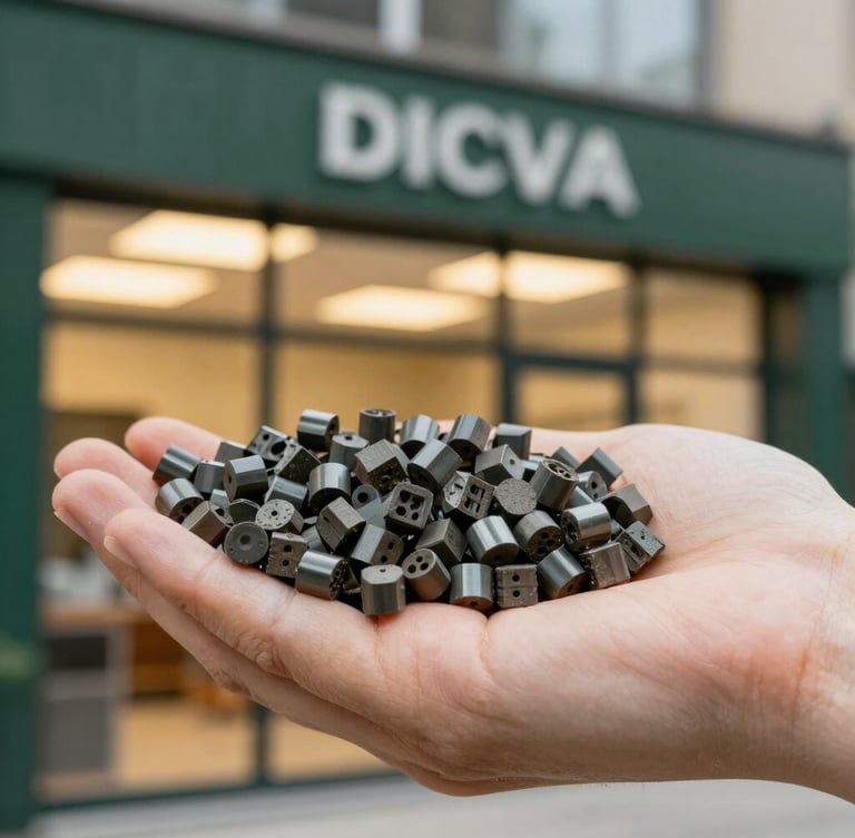 Macro detail shot of dark recycled industrial polymer pellets in a hand, warm golden interior lighting, professional editorial corporate photography.