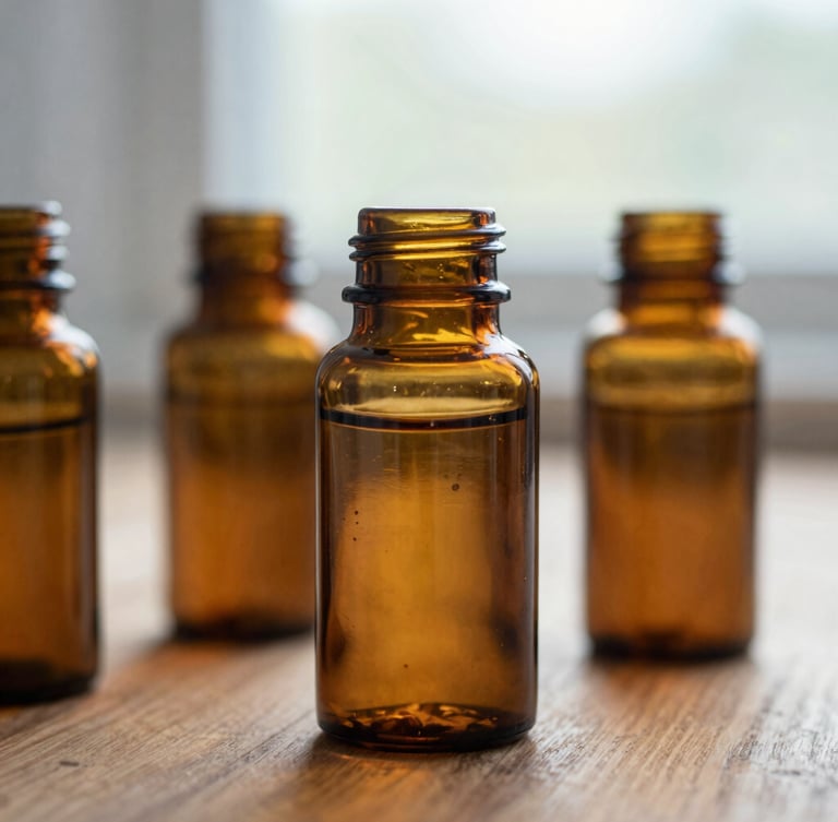 Macro close-up of clean amber glass supplement bottles on a wooden counter, soft natural morning light, shallow depth of field, 35mm