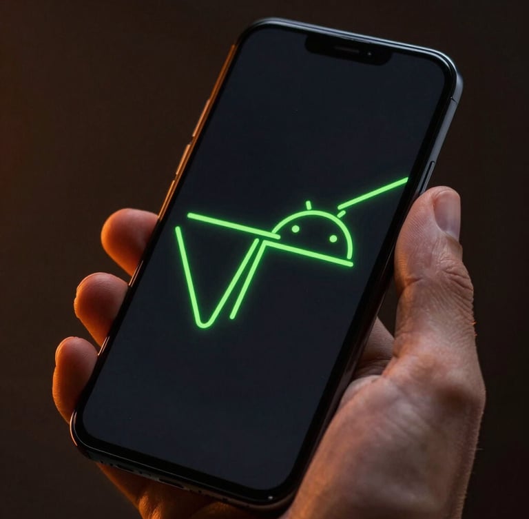 Extreme close-up macro shot of a hand holding a matte black Android phone, neon green vector lines on screen, low-key moody studio lighting with orange rim light.
