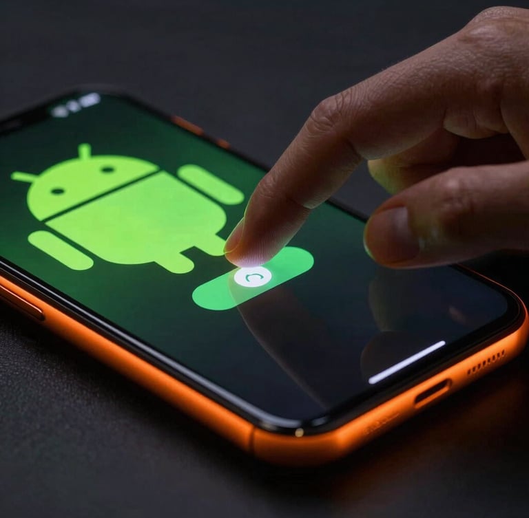 Extreme macro close-up of a hand interacting with a modern Android phone screen, neon green interface elements reflecting off matte black glass, moody low-key studio lighting with safety orange rim light.