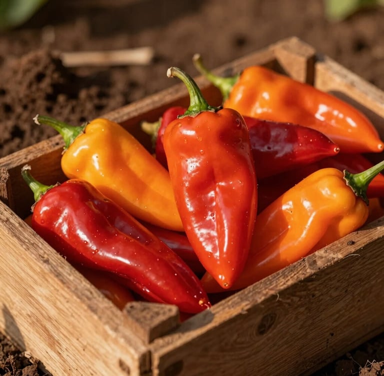 Vibrant editorial food photography of freshly harvested red and orange habanero peppers in a rustic wooden crate, rich Colombian soil in the background, warm golden-hour sunlight with deep dramatic shadows, macro 35mm