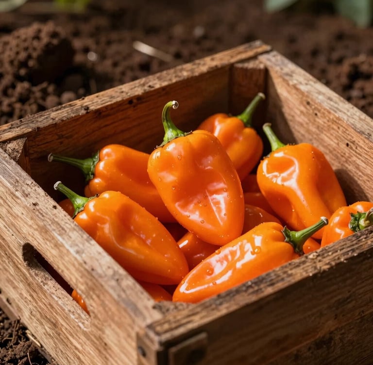 Vibrant editorial food photography of freshly harvested bright orange habanero peppers in a rustic wooden crate, dramatic sunlight and deep shadows, rich Colombian soil visible in the background, 35mm.