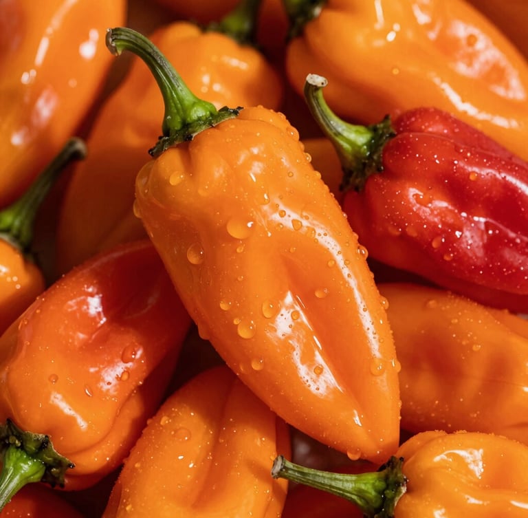 Macro close-up of bright orange and red ripe habanero peppers, glistening with dew, high contrast shadows