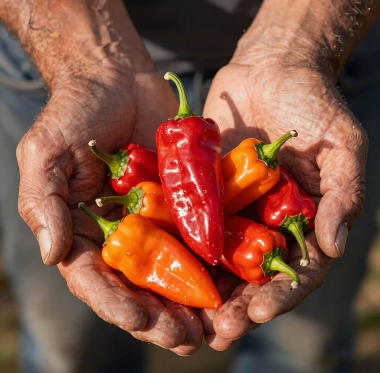 Macro close-up of a farmer's weathered hands holding a cluster of ripe red and orange habanero peppers, natural golden hour sunlight, 35mm editorial style.