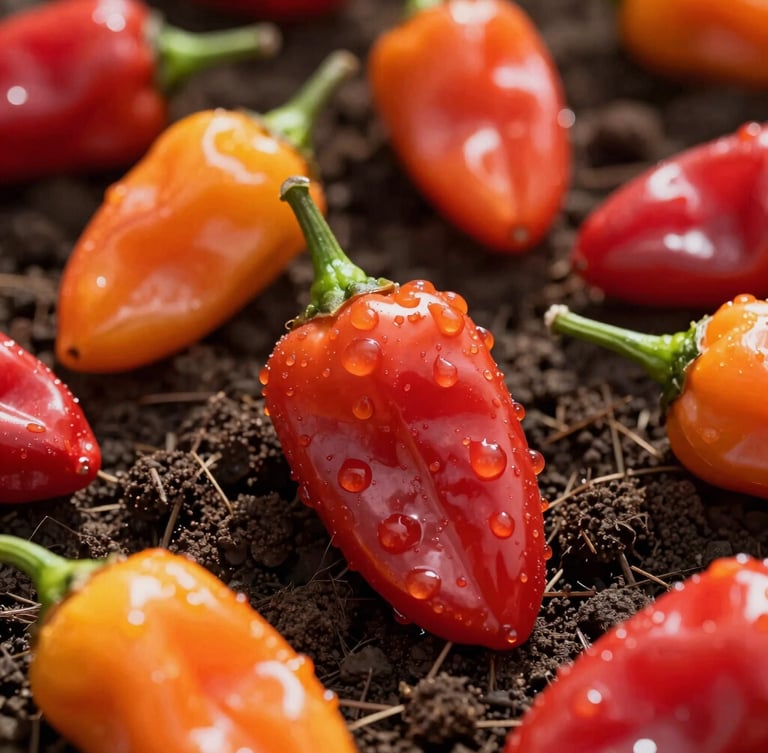 Macro close-up of vibrant red and orange habanero peppers glistening with morning dew in a sunny Colombian field, rich dark soil visible in the background, high-contrast natural lighting, 35mm editorial food photography
