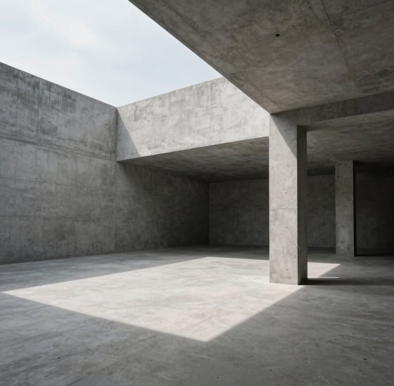 Extreme wide-angle architectural shot of a minimalist concrete workspace, sharp diagonal shadows, cool overcast daylight, empty structural geometry.
