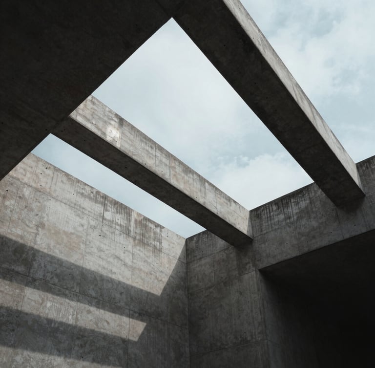 Extreme wide-angle architectural shot of concrete and steel geometry under cool overcast daylight, sharp structural shadows, minimal composition.