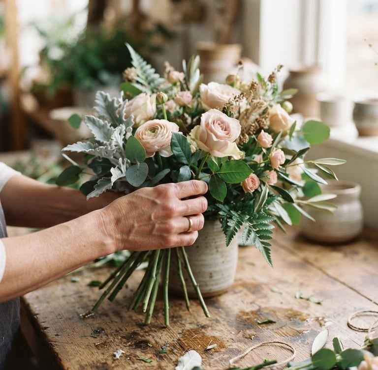 Close-up of hands arranging sage green and soft rose stems on a rustic wooden table, soft natural window light, shallow depth of field, 35mm