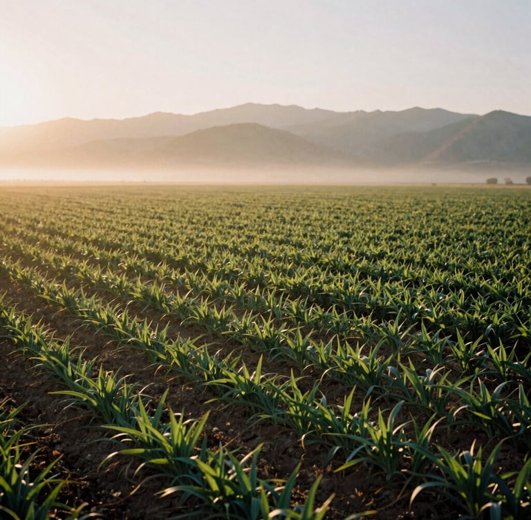 Misty early morning Utah farm landscape with low-angle golden sun casting long shadows across green crops, warm editorial photography, 35mm film.
