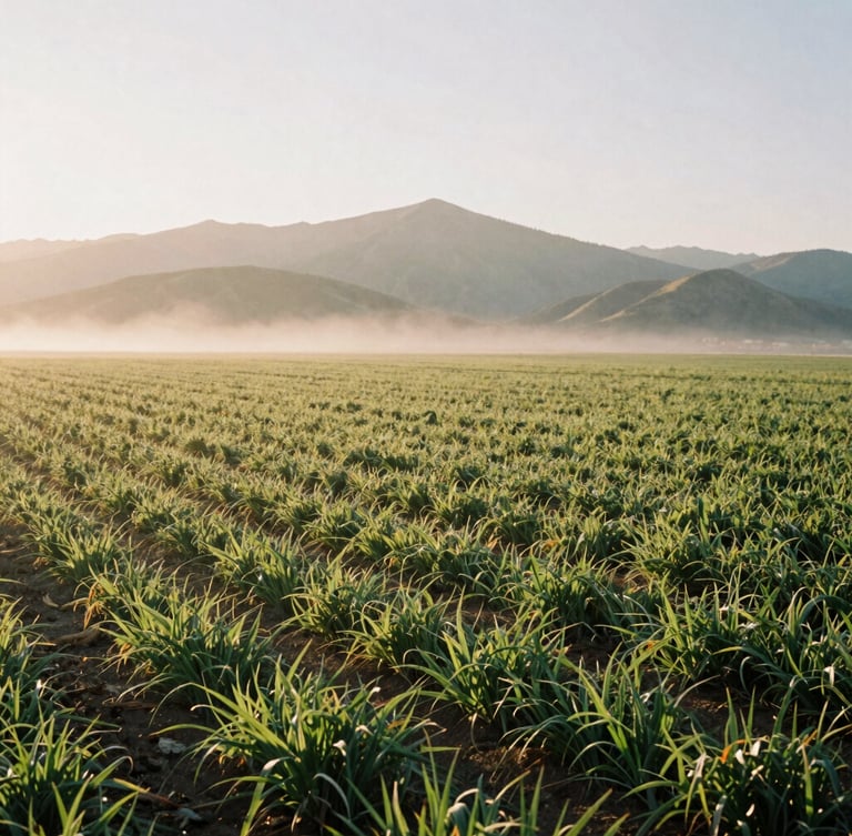 Wide environmental landscape of a misty early morning Utah farm field in Oakley, low-angle morning sun casting long shadows across green crops, mountains in background