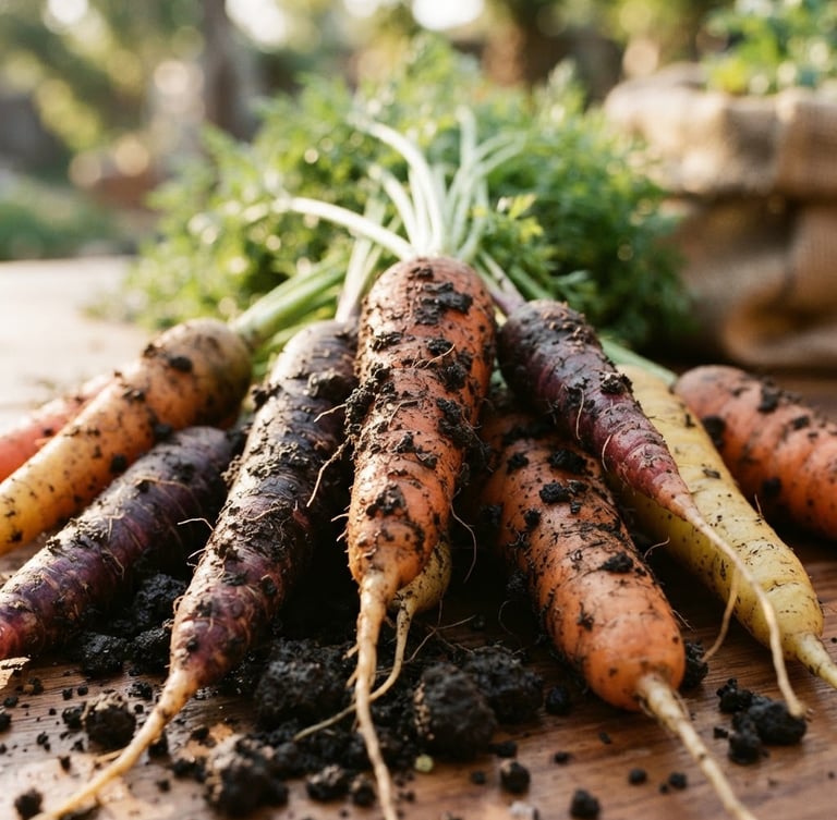 Close-up macro of freshly harvested heirloom carrots with dark rich Utah soil clinging to the roots, warm early morning sunlight, shallow depth of field, 35mm film