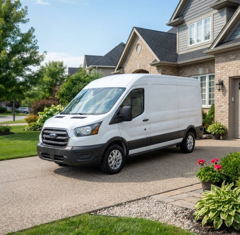 A clean branded service vehicle parked in a neat suburban driveway under bright natural daylight, crisp commercial photography