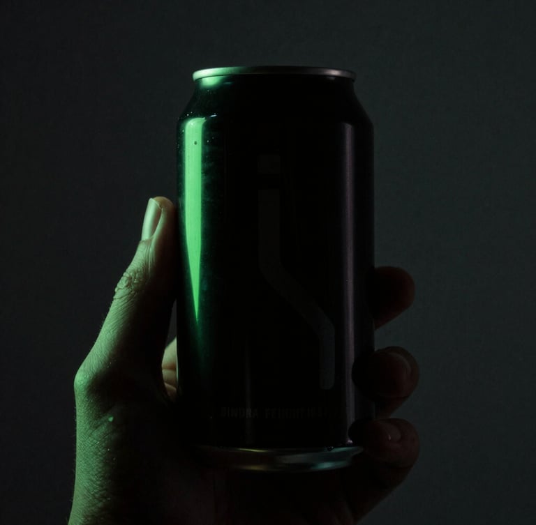 Extreme close-up of a hand holding a sleek black functional beverage can, dramatic high-contrast studio lighting, electric green light outlining the silhouette, dark charcoal backdrop, 35mm photography