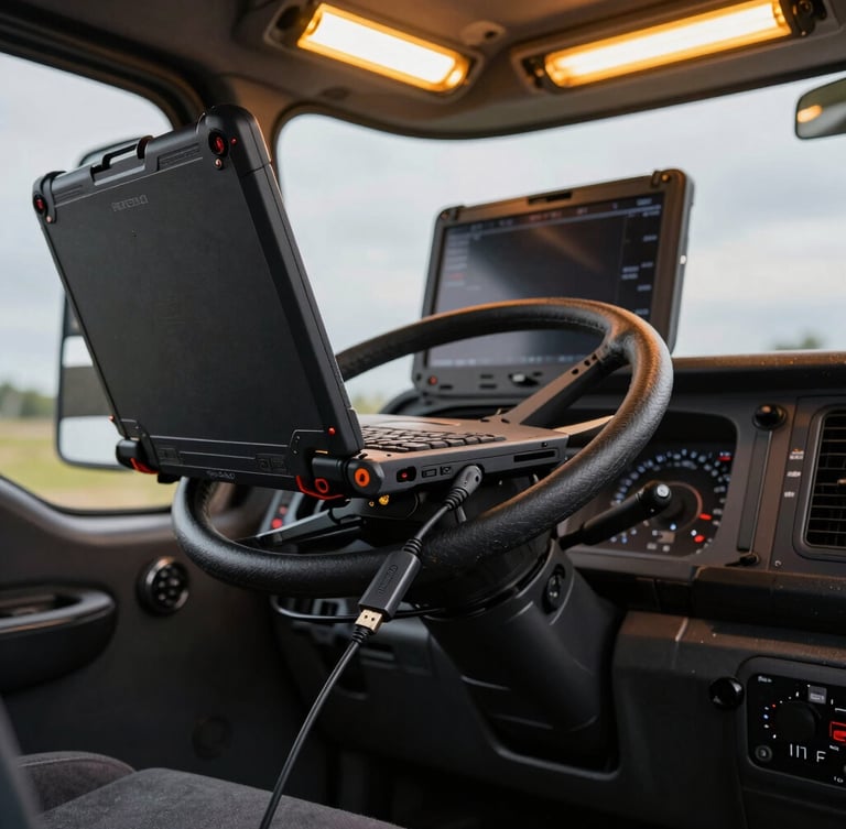 A rugged Panasonic Toughbook laptop balanced on a heavy-duty truck steering wheel inside a dark cab, connected via a black Nexiq USB-Link cable to the OBD port, lit by harsh fluorescent amber cabin lights, tight realistic macro view.