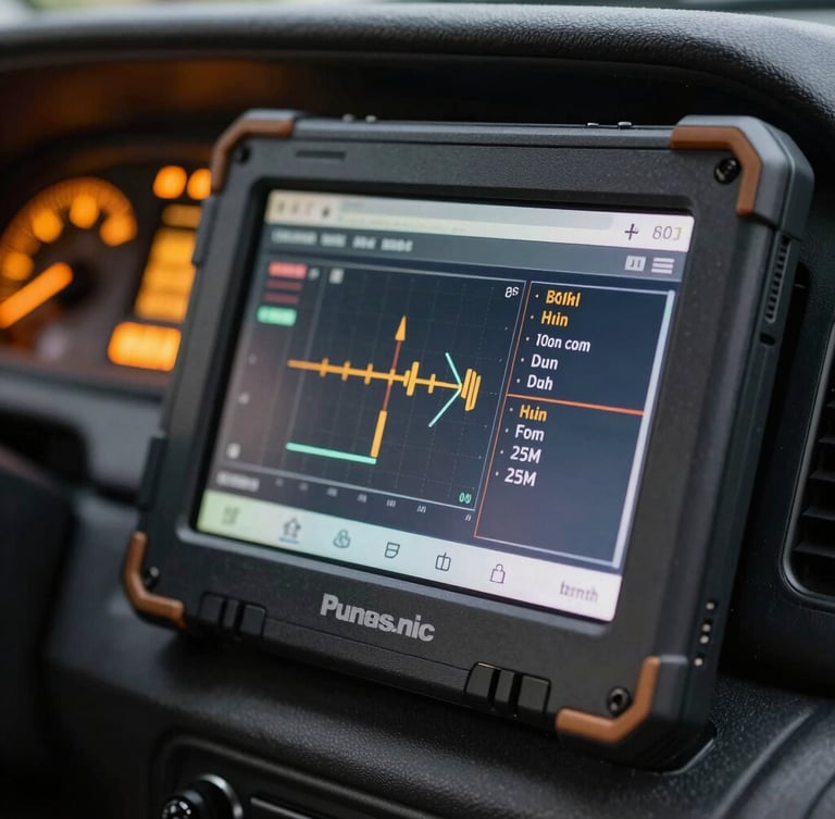 Close-up macro of a rugged Panasonic Toughbook screen displaying engine diagnostic codes inside a dark truck cab, amber dashboard lights glowing in the background