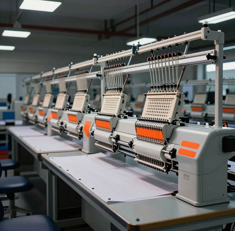 Wide-angle dramatic shot of a clean, organized modern textile factory floor, high-speed embroidery machines in a row, safety-orange accents, dramatic side studio lighting