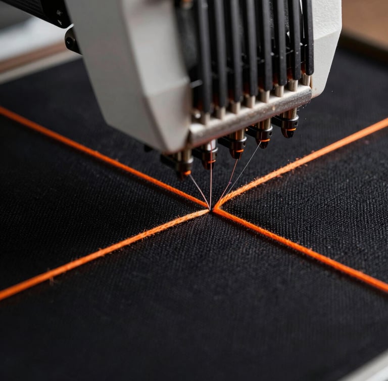 Macro close-up of high-speed industrial embroidery machines stitching safety-orange threads onto heavy black canvas, shallow depth of field, dramatic side lighting