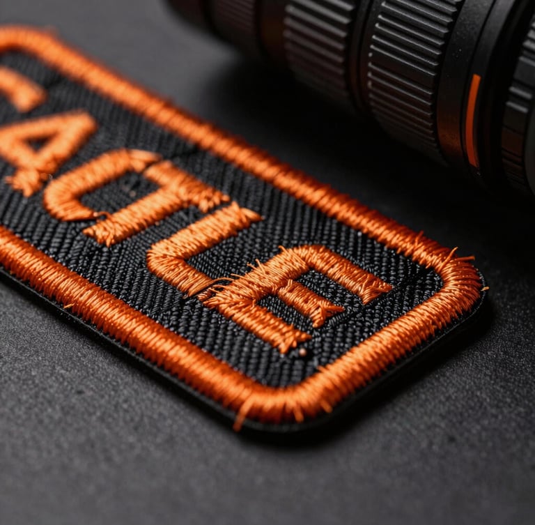 Tactile macro product photography of a heavy custom embroidered patch, dramatic side studio lighting, rich high-contrast industrial tones, shallow depth of field, 100mm lens, showing thick orange thread locks and a crisp merrowed border.