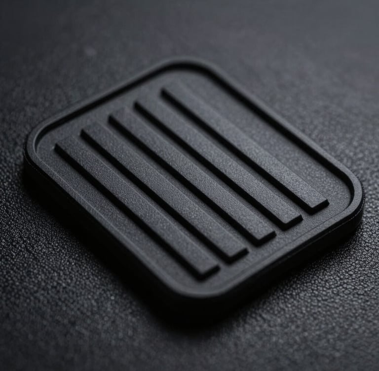Macro close-up of a custom tactical PVC patch with deep molded channels and matte finish, dramatic side lighting highlighting the dimensional layers, dark textured background, 100mm lens