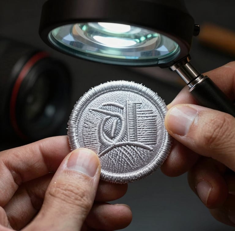 Macro close-up of hands holding a finished custom embroidered patch with a thick merrowed border, inspecting the tight thread weave under a magnifying lamp, dramatic side studio lighting