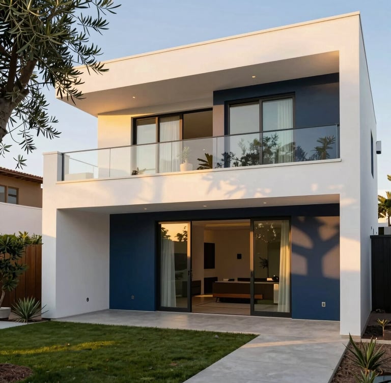 Bright architectural photography of a modern Mexicali residential home, clean lines, warm golden hour sunlight reflecting off white walls, olive trees in the courtyard, 35mm lens.