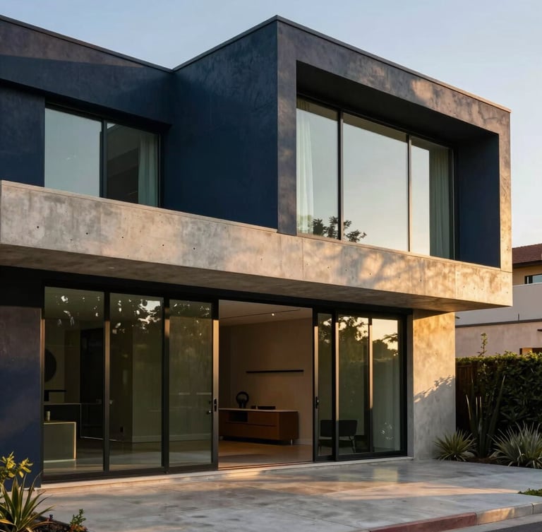 Professional architectural photograph of a modern Mexicali home exterior, sharp geometric lines, warm golden hour light casting soft shadows on concrete and glass, premium real estate tone