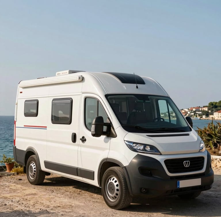 A clean, modern camper van parked near the Adriatic coast of Martinsicuro under bright Mediterranean daylight, showing a warm, reliable local travel context.