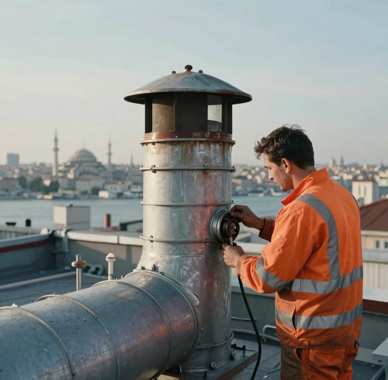 Rooftop view of an industrial chimney in Istanbul, a technician in orange high-visibility safety gear inspecting the duct, bright natural daylight, cinematic 21:9 framing.