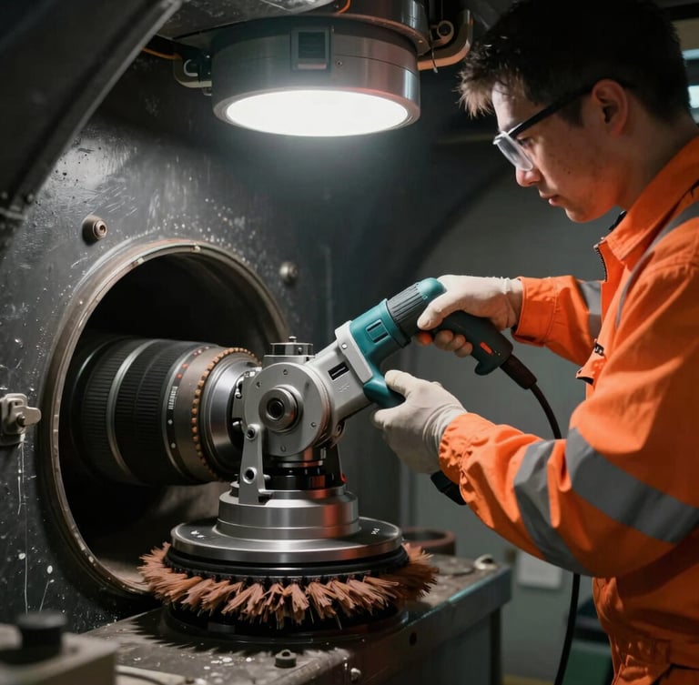 Direct action shot of a certified technician in high-visibility orange safety gear operating a specialized mechanical rotary brush inside a dark ventilation duct, sharp utility lighting.