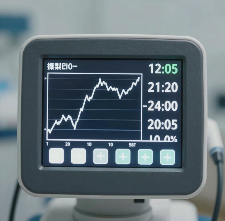 A crisp, high-detail macro shot of a sleek medical device interface showing clinical readings, illuminated by precise white light, minimalist composition.