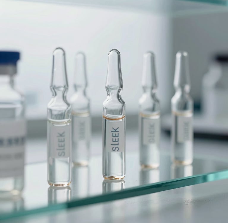 Sleek, premium skincare ampoules in a sterile laboratory setting, bright natural light reflecting off glass, minimalist aesthetic.
