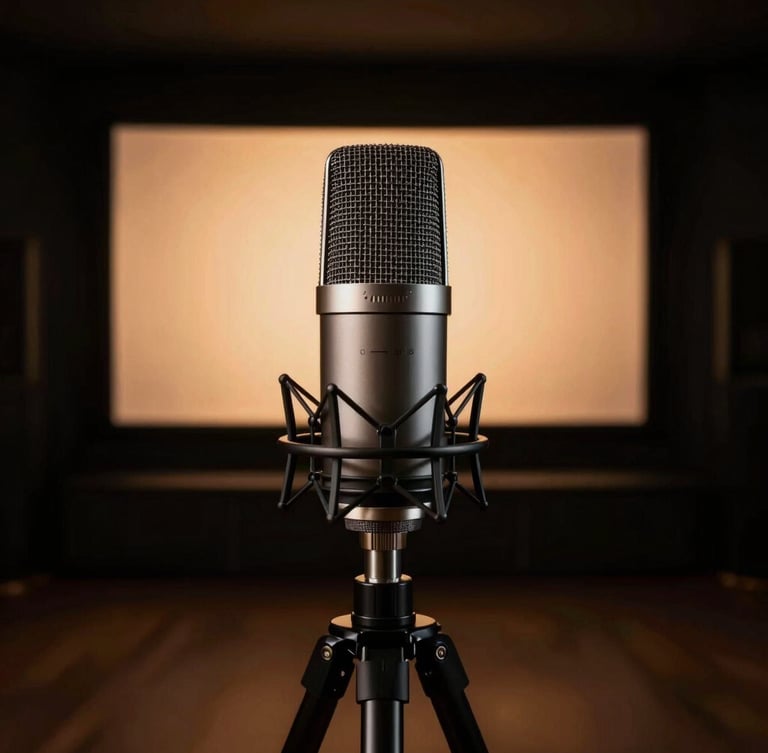 Macro shot of a high-end calibration microphone on a tripod in a dark minimalist home theater, soft amber screen glow in the background, cinematic low-key lighting