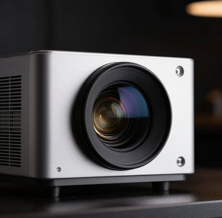 Close-up of a premium high-end projector lens reflecting subtle blue and amber light, clean architectural lines, dark background, cinematic lighting, 35mm lens.