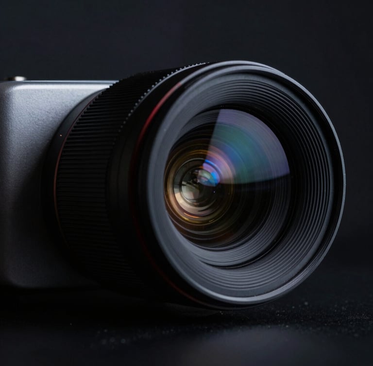 Close-up macro shot of a high-end projector lens reflecting subtle blue and amber light, dark dramatic interior photography, 35mm lens