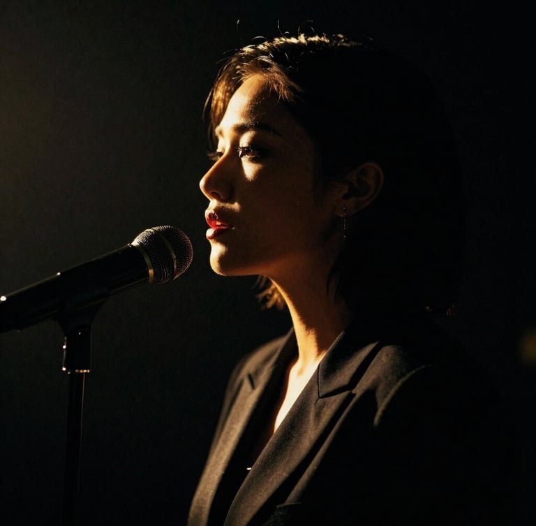Dramatic chiaroscuro portrait of a professional singer in a dark studio, golden rim lighting highlighting the profile, rich black and gold tones, 35mm film.