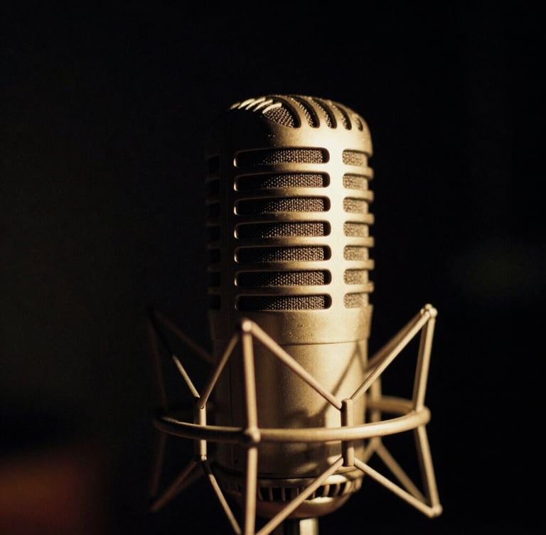 Close-up detail of a vintage condenser microphone in a dark studio, dramatic golden rim lighting, rich black background, 35mm film