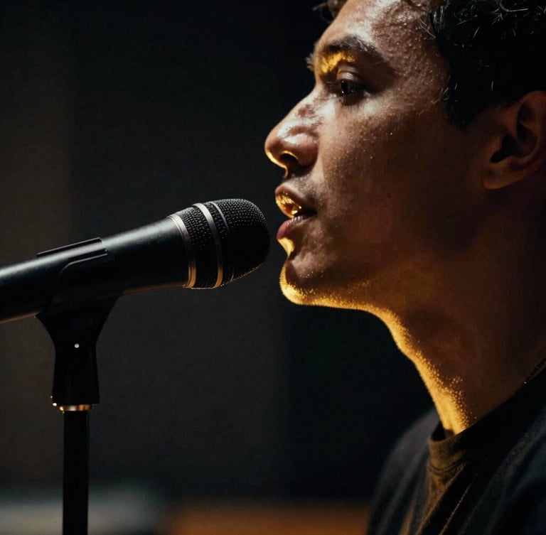 Close-up of a professional singer's profile in a dark recording studio, dramatic golden rim lighting highlighting the neck and jawline, showing intense focus, shallow depth of field, 35mm film