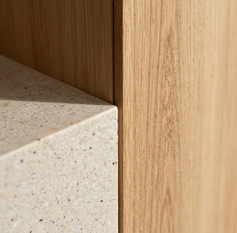 Close-up of natural oak wood meeting raw travertine stone, soft indirect morning light, architectural detail, high texture contrast.