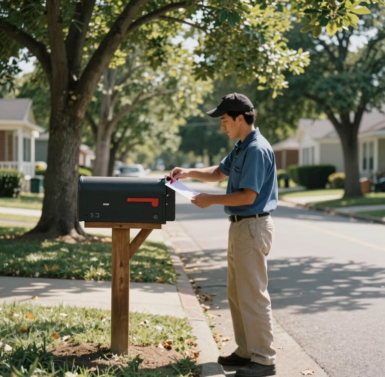 A quiet tree-lined suburban street with warm sunlight filtering through leaves, a mail carrier delivering a letter to a wooden mailbox, authentic documentary style, 35mm lens
