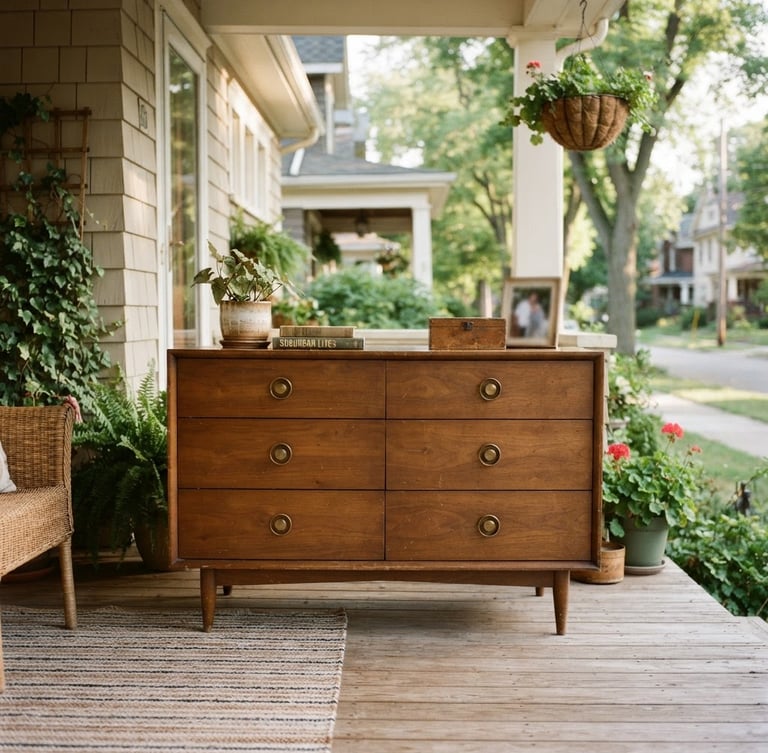 Warm 35mm documentary photograph of a wooden mid-century dresser sitting on a sunny suburban porch, soft natural daylight, realistic depth of field.