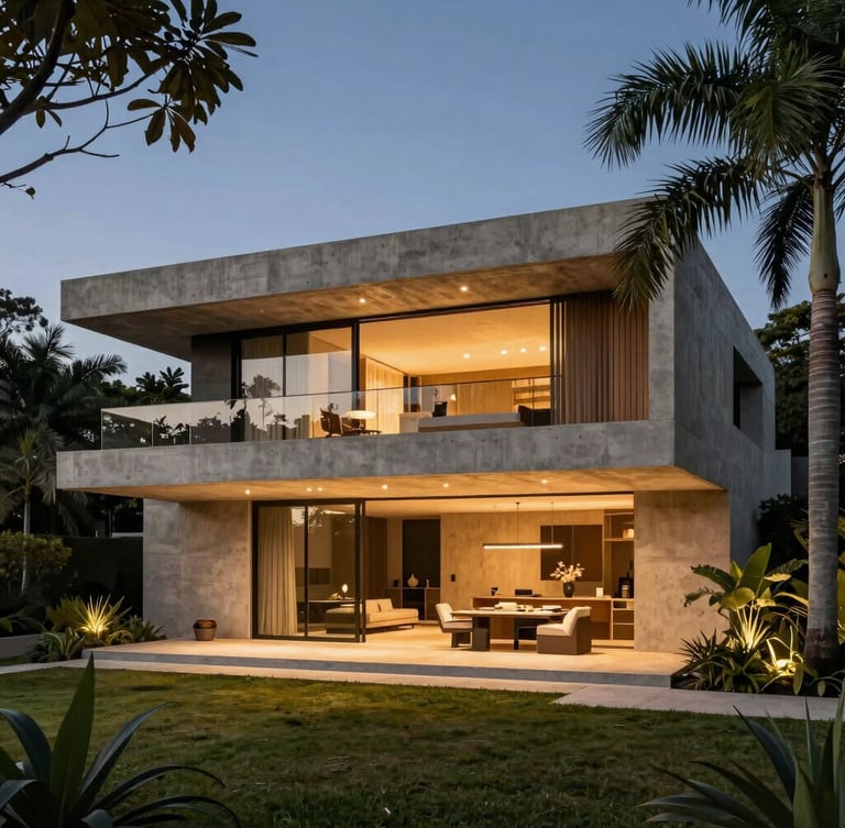 Modern minimalist concrete villa in Jardim Europa, lush tropical landscaping, warm evening light, architectural photography