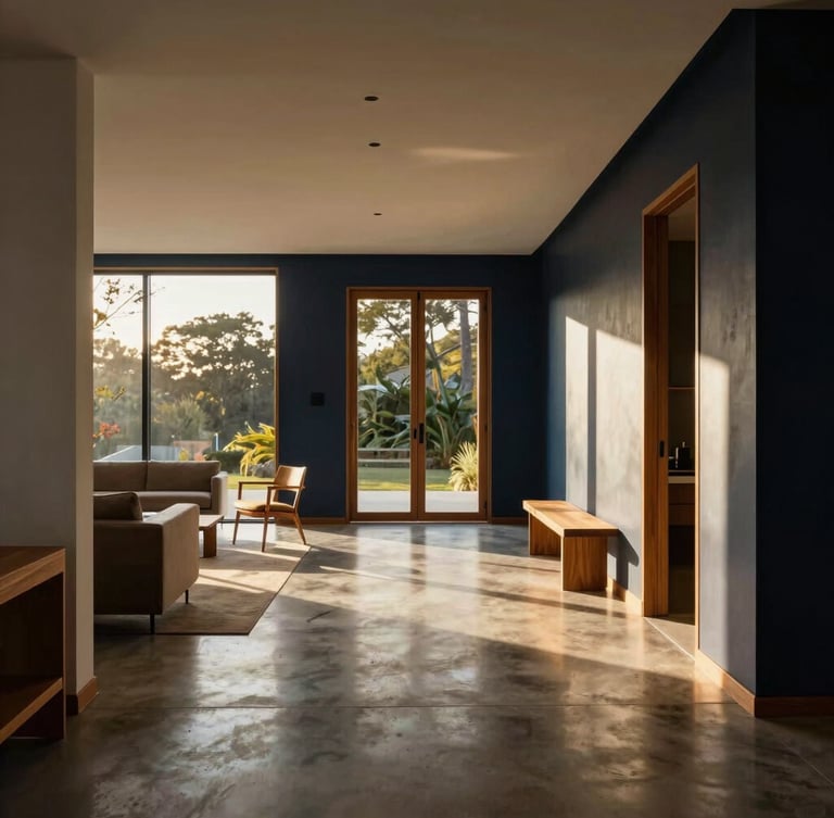Sun-drenched luxury home interior with polished concrete floors and minimalist wooden furniture, warm morning light, editorial architectural photography, 35mm