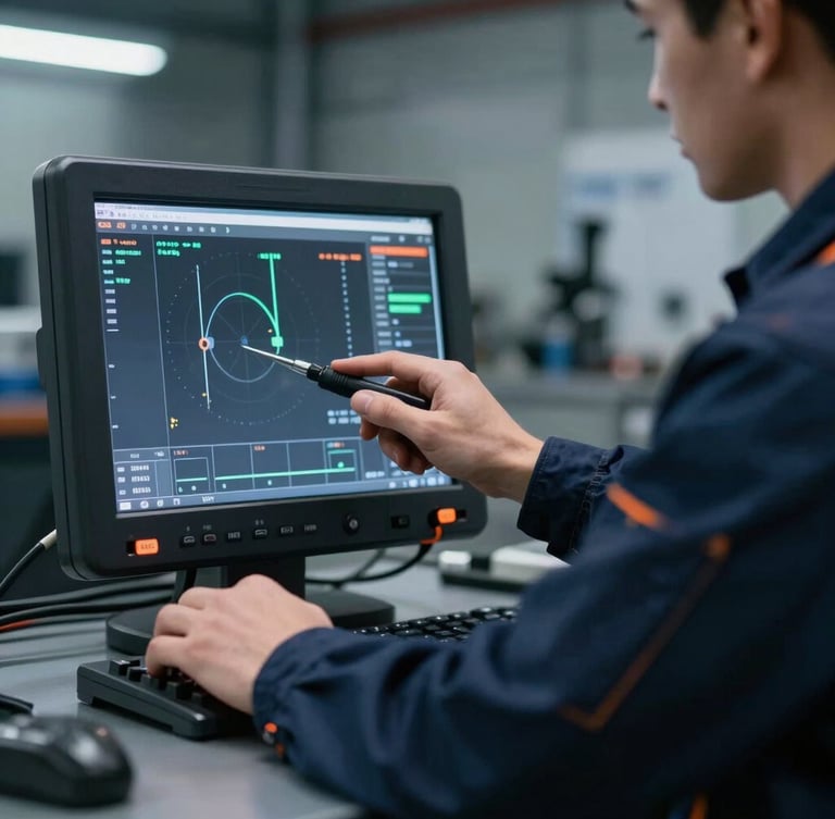 Close-up of a professional mechanic in clean dark blue overalls operating a diagnostic screen showing real-time telemetry, cool workshop light, sharp safety-orange accents, 35mm.
