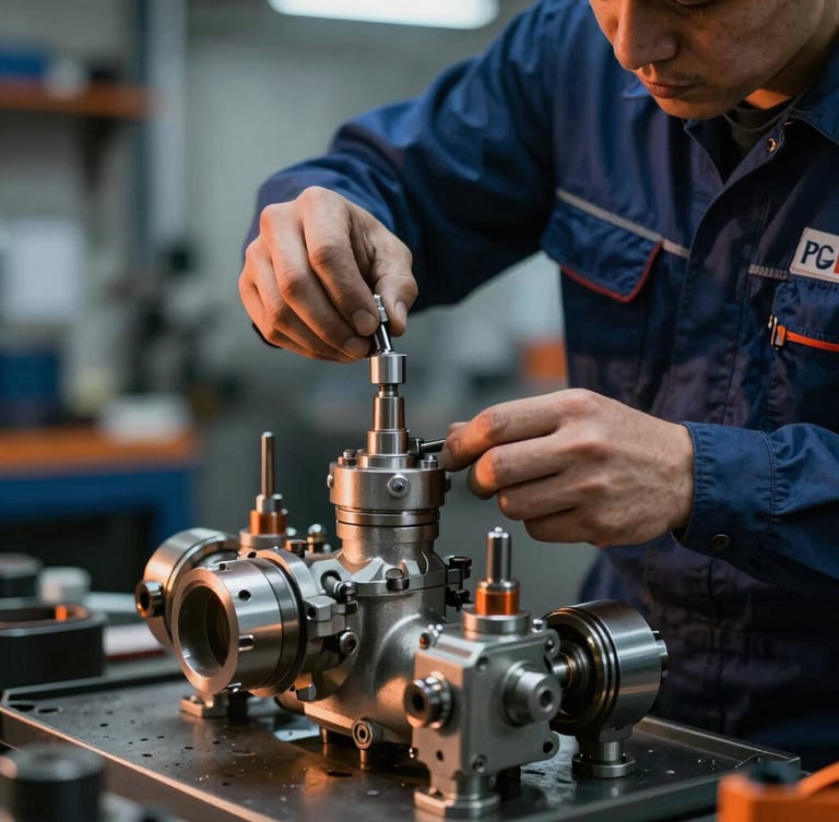 Professional mechanic in clean dark blue overalls inspecting a complex hydraulic valve block, cool workshop ambient lighting with sharp safety-orange reflections, detailed macro shot, 35mm